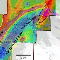 SkyTEM data from a select area in the far northeast part of the project area where a well-defined conductive feature is coincidental with very high Au BLEG stream sediment anomalies shown in transparent overlay. See Figure 2 for reference. Eskay Mining considers the area defined by the oval to be a very high new priority target and is making plans to drill here later this year.