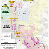 Eskay Mining Corp. claims with 2018 VTEM survey area and identified coincident geochemical and conductivity anomalies