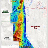 Colour Map of Sfz30 conductance (mid time channel response, Red = relative conductance high, blue = low) and identified anomalous zones.