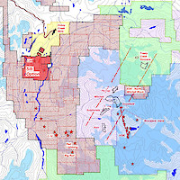 Eskay Mining Corp. Holdings in red illustrated SIB option in dark red; gold area is Barrick Gold